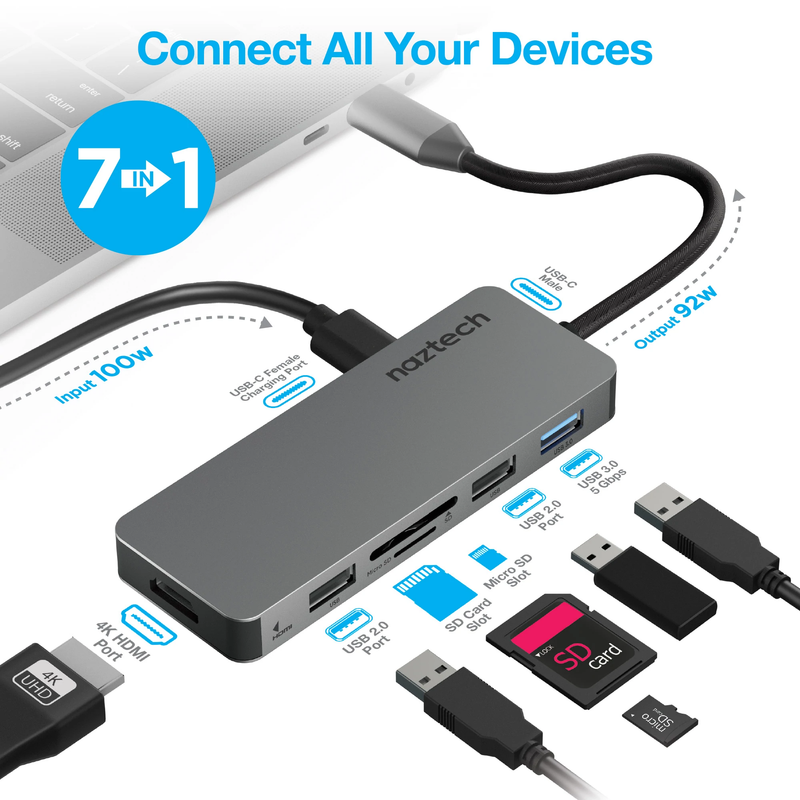 Naztech MaxDrive7 Universal USB-C Adapter Hub Space Grey | CORE Gaming
